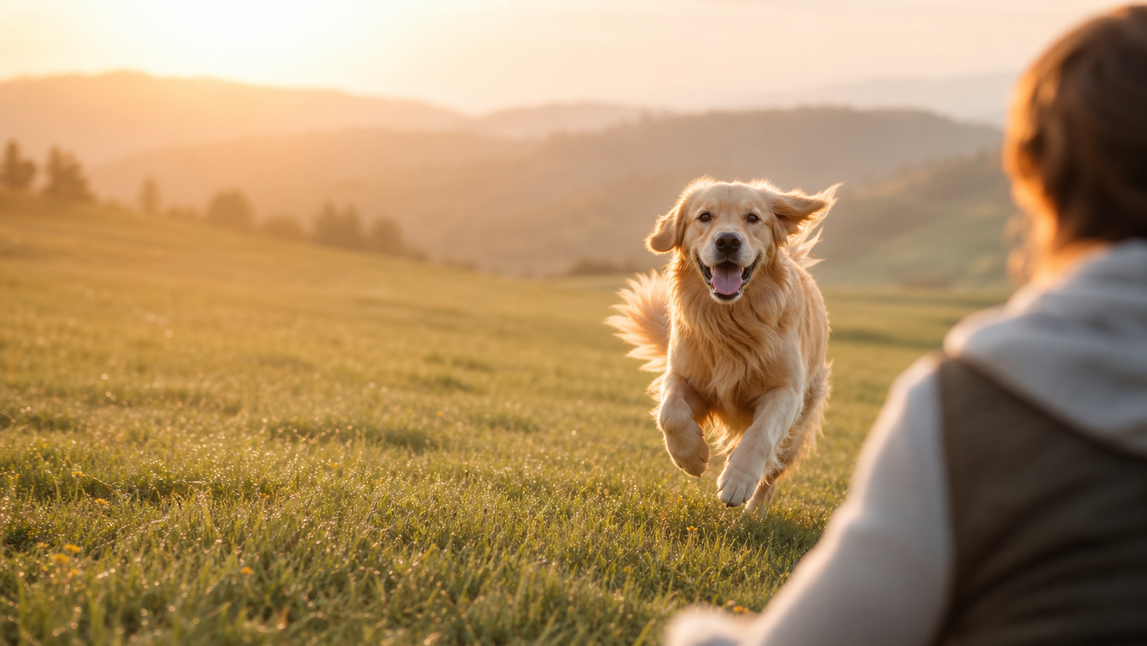 Ein Hund läuft seinem Menschen in warmem Abendlicht entgegen